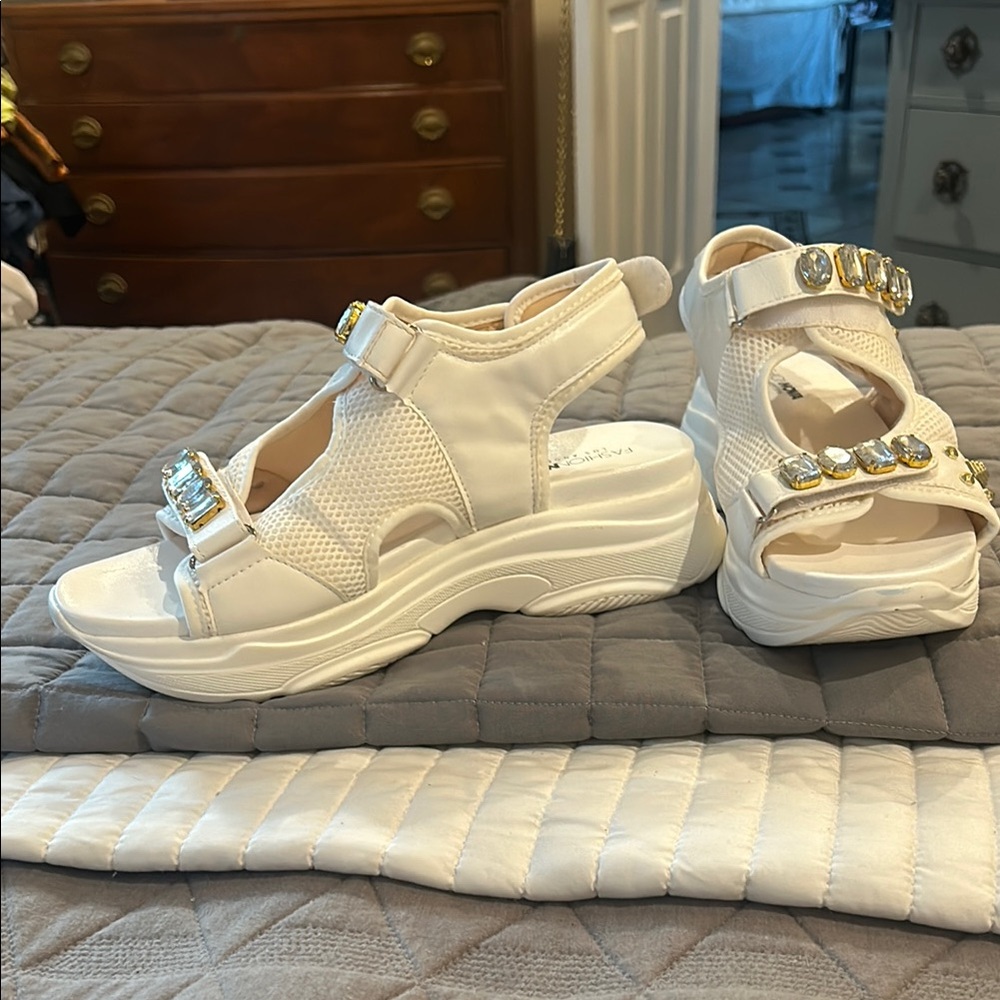 Fashion Nova White Gem-Embellished Sandals